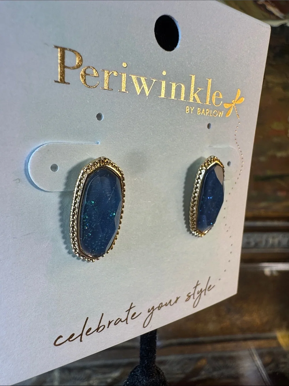 0443-Periwinkle by Barlow Gold-Trimmed Dark Blue‎ Faceted Stud Earrings